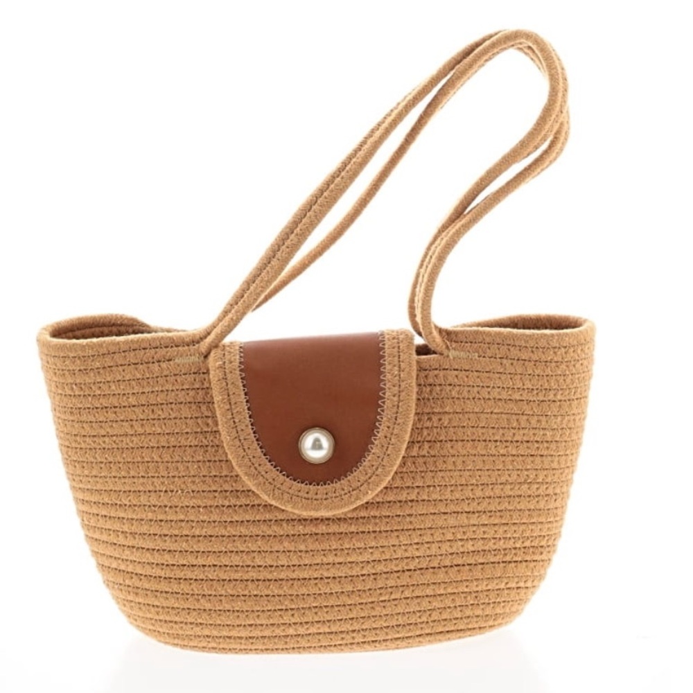 Unbranded Tan Woven Shoulder Bag with Leather Trim